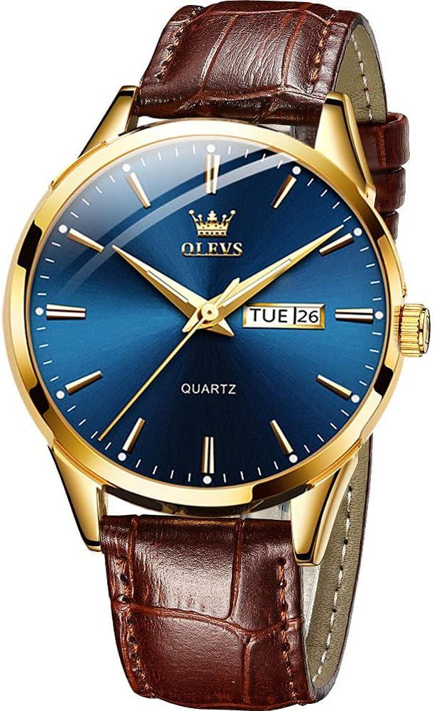 OLEVS Amazon Watches,Brown Leather Watch for Men,Men Day Date Watch,Men's Luminous Watch,Dress Watch for Men,Rose Gold Watch for Men,Men's Fashion Quartz Watch,Waterproof Brown Man Watches (brown leater blue dial)