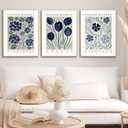 3pcs Framed Canvas Print Blue Floral Botanical Wall Art Vintage Hydrangea Crocus Dianthus Flower Poster Floral Gallery Picture For Bedroom Living Room Decor 16x24 Inches Ready To Hang