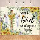 Spring Easter Backdrop Sunflower Jesus Cross Background with God All Things are Possible Banner Easter Christian Decorations for Home Office Photo Prop Booth (8x6FT)