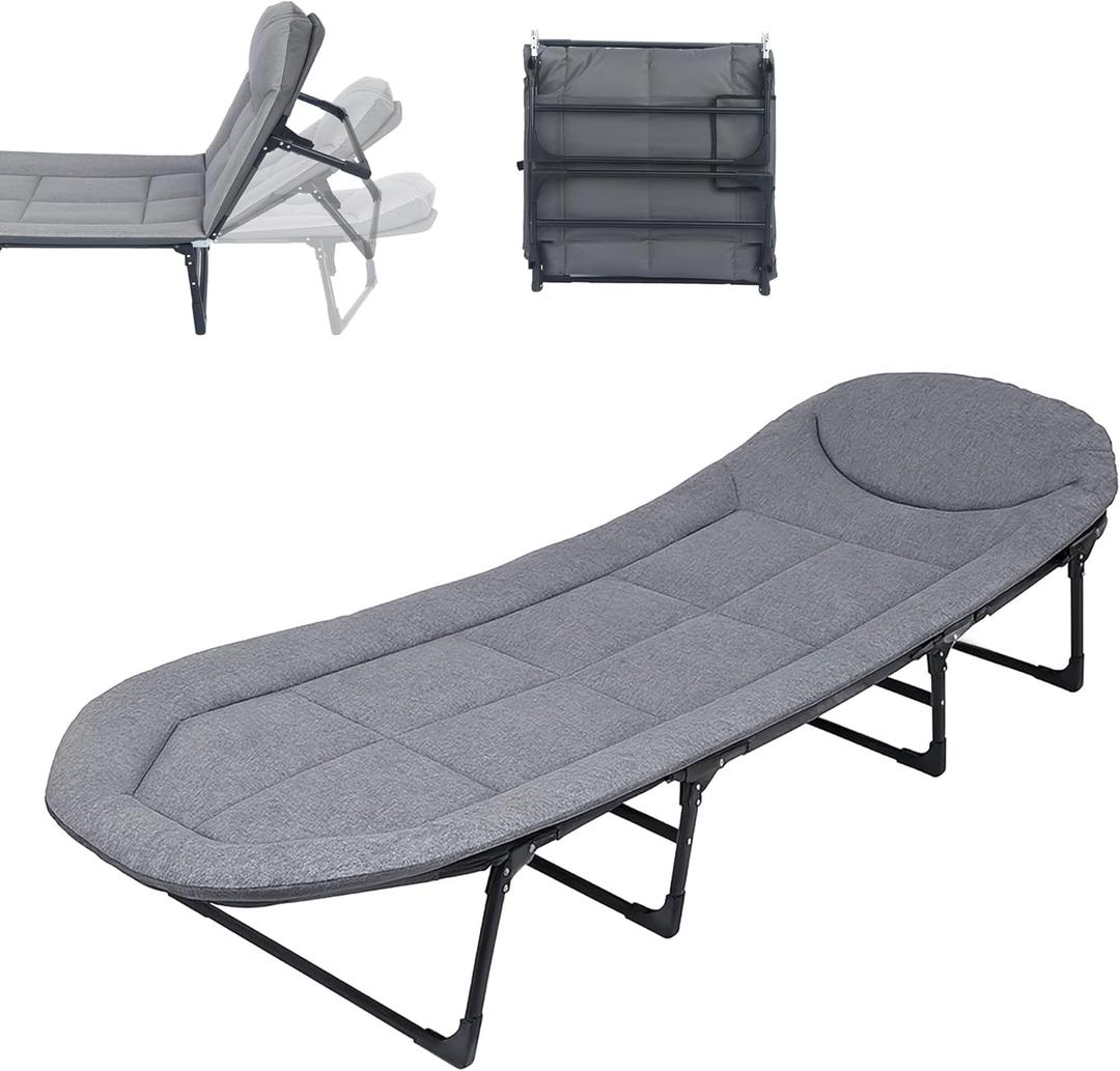 Chaise Lounge Chair, Folding Cot, 6-Angle Adjustable Camping Cot with Mattress for Patio and Beach, Foldable Bed Portable Heavy Duty Lay Flat Reclining with Pillow (Small Size - 70")