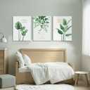 EHNTNNMA 3 Pcs Of Green Palm Leaf Canvas Wall Art High-Definition Plant Inspirational Posters Images Minimalist Natural Plant Prints For Living Room Bedroom Bathroom Office 12 X 16 Inch Framed