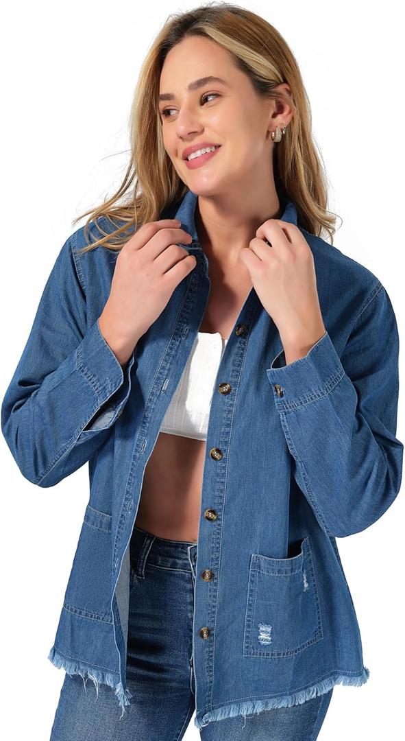 roswear Jean Shirt for Women Button Down Shirts Denim Tops Western Fall Outfits (Blue, XL)