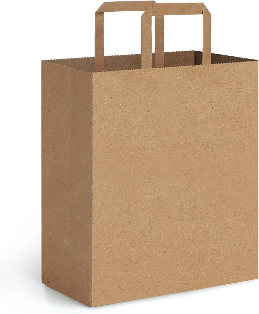 BagDream 50Pack 10x6.75x12 Kraft Brown Paper Bags with Handles Bulk, Shopping Merchandise Retail To Go Bags for Takeout Containers, Flat Handles Wider-gusset Recycled Gift Bags