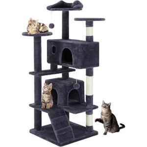 DUMOS 54-inch Indoor Cat Tree Tower –Multi-Level Pet House for Large Cats with 2 Condos, Scratching Posts, Round Platform, Small Ladder, and Toys – Perfect for Cats of All Ages, Dark Grey