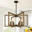 25" Retro Wood Texture Chandelier for Dining Room, No Assembly Required Dining Room Light Fixture Over Table, Industrial Metal Hanging Pendant Lights Fixture for Kitchen Island, Entryway, Foyer