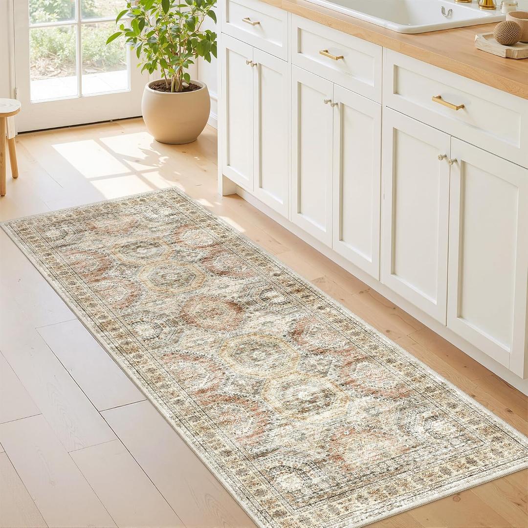 2x5 Rug Runner Washable for Entryway, Soft Bathroom Rugs with Non-Slip Backing, Abstract Low Pile Hallway Runner, Vintage Small Kitchen Carpet for Stair, Laundry Room(2'x5', Brown/Pink)