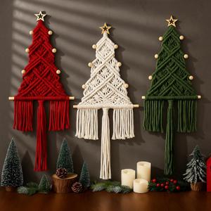 Large Macrame Christmas Tree 3 Set Macrame Christmas Wall Decoration Hanging Ornaments Boho Wall Decor for Party Supplies(White,Red,and Green)