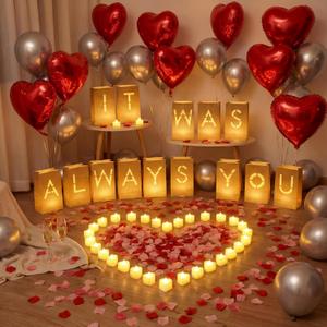 81pcs It Was Always You Light up Letters with 30 LED Candles Tea Light, 2000 Rose Petals & 35 Pearlescent Foil Balloons - Luminary Paper Bags for Anniversary Valentine's Day Decor