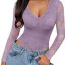 SAUNGKUAI Women's Lace Bodysuit Plunge Deep V-Neck Long Sleeve Thong Body Suits Tops Double Lined Y2K Outfits for Going Out (Small, Pinkpurple)