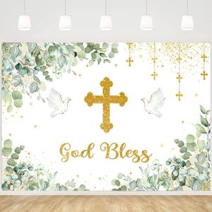 MEHOFOND God Bless Backdrop Greenery First Holy Communion Baptism Christening Party Decorations Green Eucalyptus Baby Shower Party Banner Photo Shoot Props