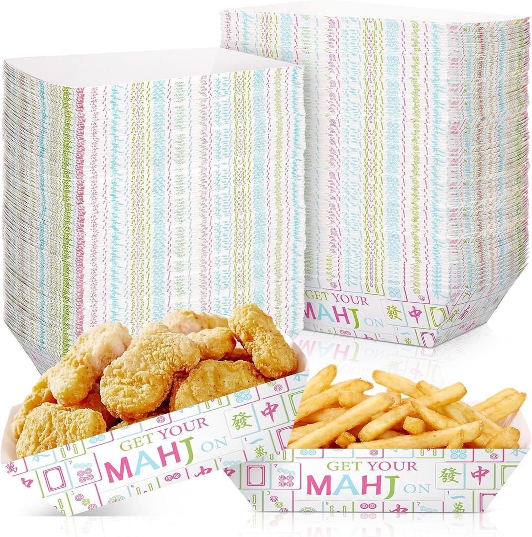 50 Pcs Mahjong Party Snack Bowls Mah Jong Party Supplies Paper Food Tray Disposable Serving Boats for Mah Jong Game Night Mahjong-loving Family Play Day Theme Birthday, 7.9 inches