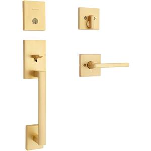 Kwikset San Clemente Front Door Lock Handle and Deadbolt Set, Entry Handleset Exterior with Interior Reversible Lever, Satin Brass, Pick Resistant SmartKey Deadbolt Security, with Microban Protection