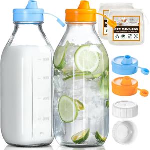 2 Pack 32 OZ Glass Milk Bottles with 2 Pour Spout Lids & 2 Nut Milk Bags & 2 Airtight Caps, Reusable Glass Bottles, Breast Milk Pitcher, Syrup, Honey, Water Jug, Juice Container for Refrigerator