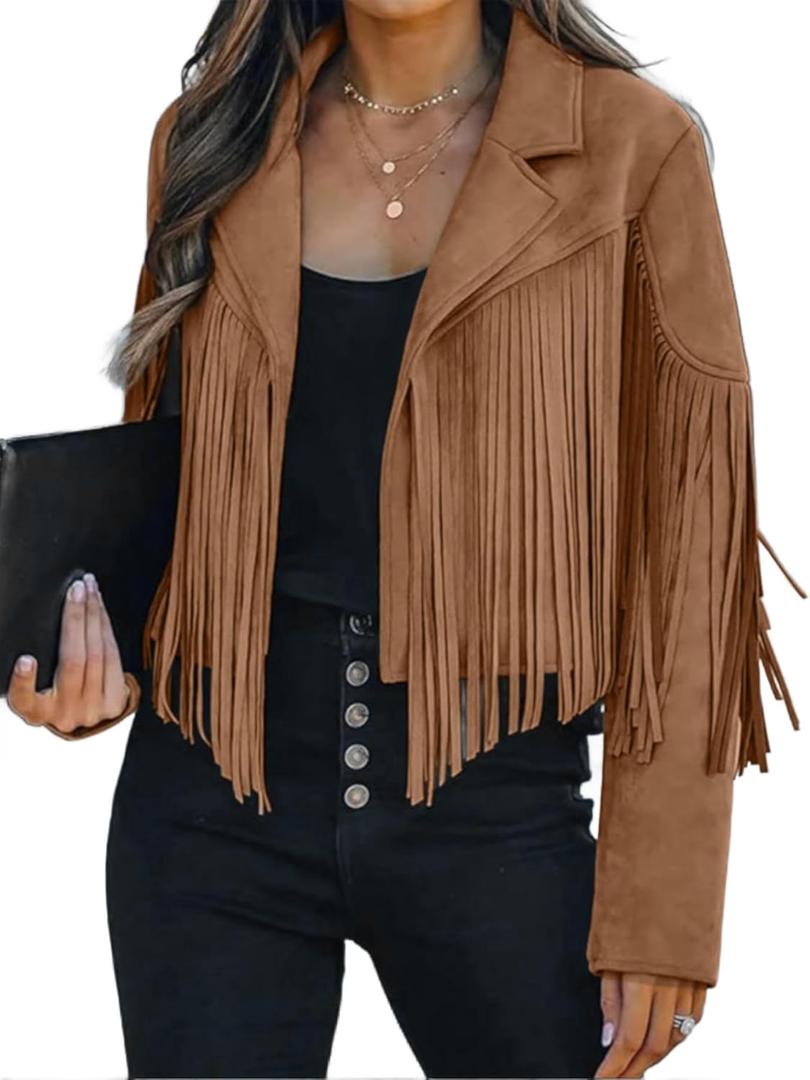 Faux Suede Leather Jackets For Women Trendy Fall Western Fringe Cropped Jacket 2025 Tassel Motorcycle Crop Coats (Large, Tan)