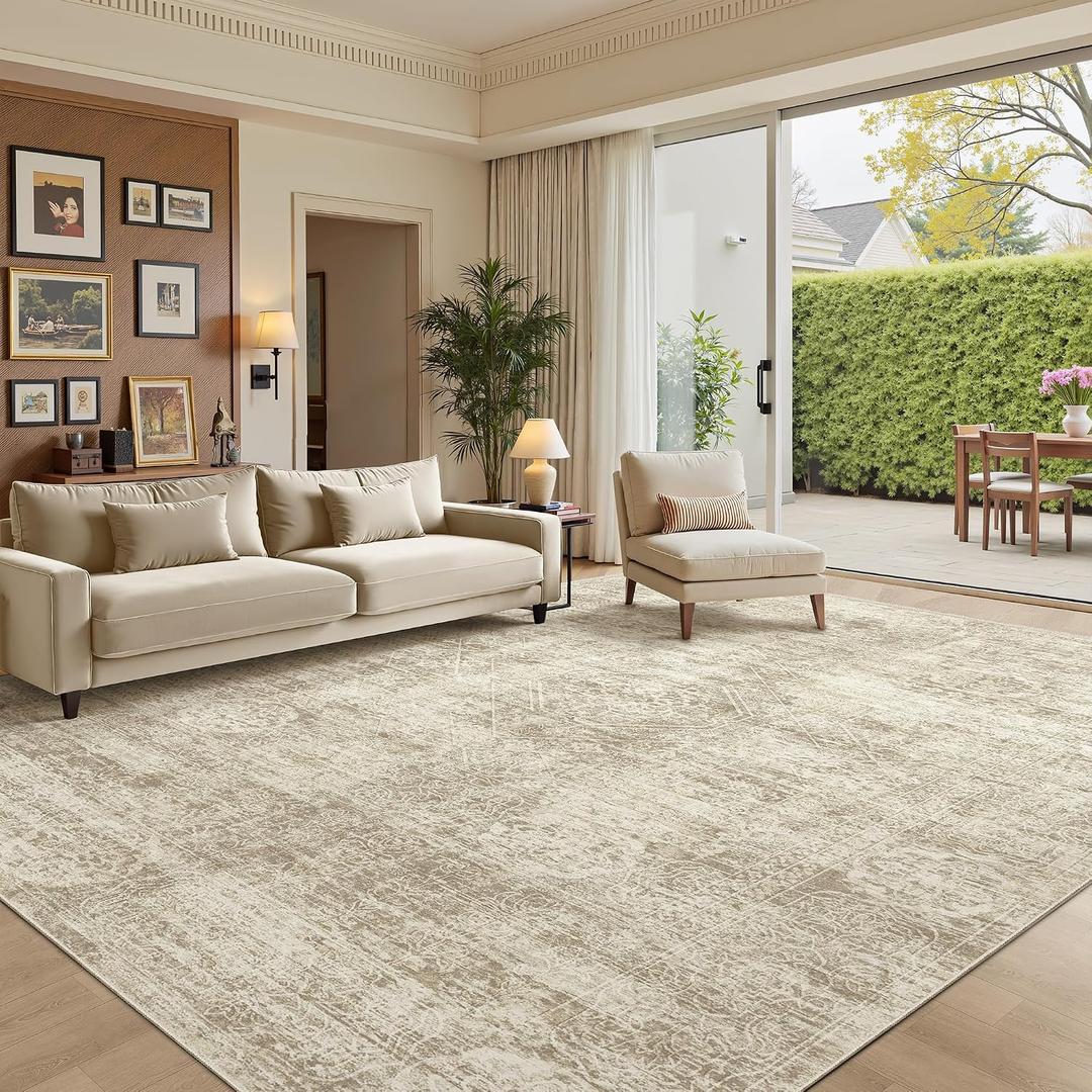 Madane 8x10 Area Rugs for Living Room, Machine Washable Vintage Beige Rug with Non-Slip Backing, Soft Throw Large Rug, Thin Carpet for Bedroom Dining Room Farmhouse Under Table