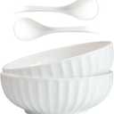 4 Quarts 2 Pcs Extra Large White Serving Bowls with Free Spoons, 12 inch Oversized Big Salad Bowls For Entertaining, Eating, Ceramic Serving Dishes, Pumpkin Serving Bowl Set For Fruit Soup Pasta, Diameter 12 inches