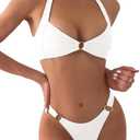 SKAYS Women's Sexy Two Piece Bikini Sets Triangle Swimsuits Ribbed Halter Ring Stylish High Cut Thong Swimwear Bathing (Medium, White)