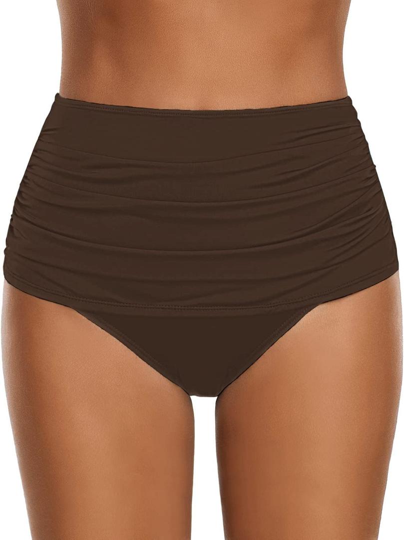 GRAPENT Women's High Waisted Swim Bottom Ruched Bikini Tankini Bottoms Tummy Control Swimsuit Briefs (M)