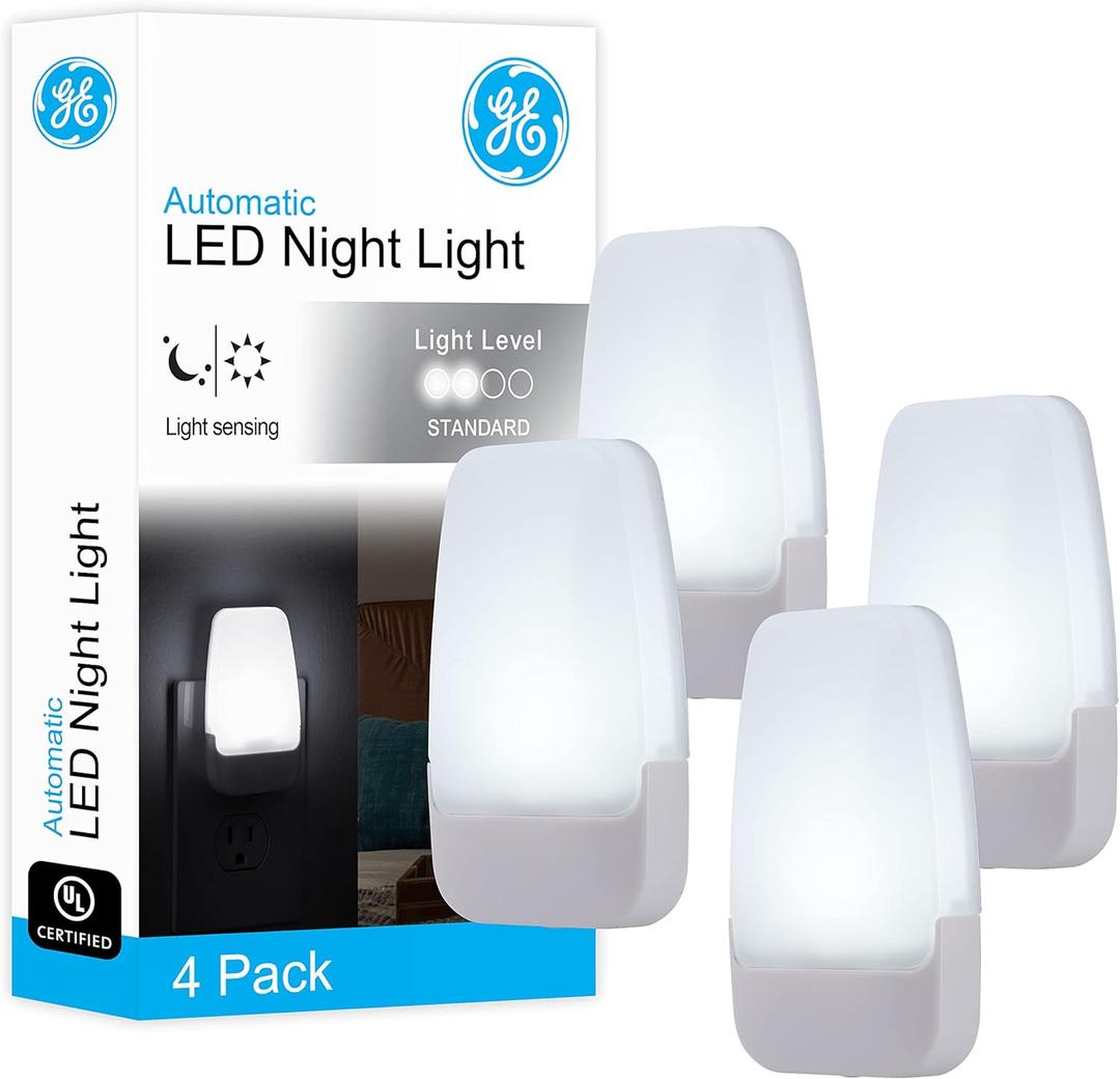 GE LED Night Lights Plug Into Wall, Dusk to Dawn Sensor, Ambient Lighting, Dorm Room Essentials, Bathroom Decor, Smart Home, for Bedroom, Cool White, 55992, 4 Pack