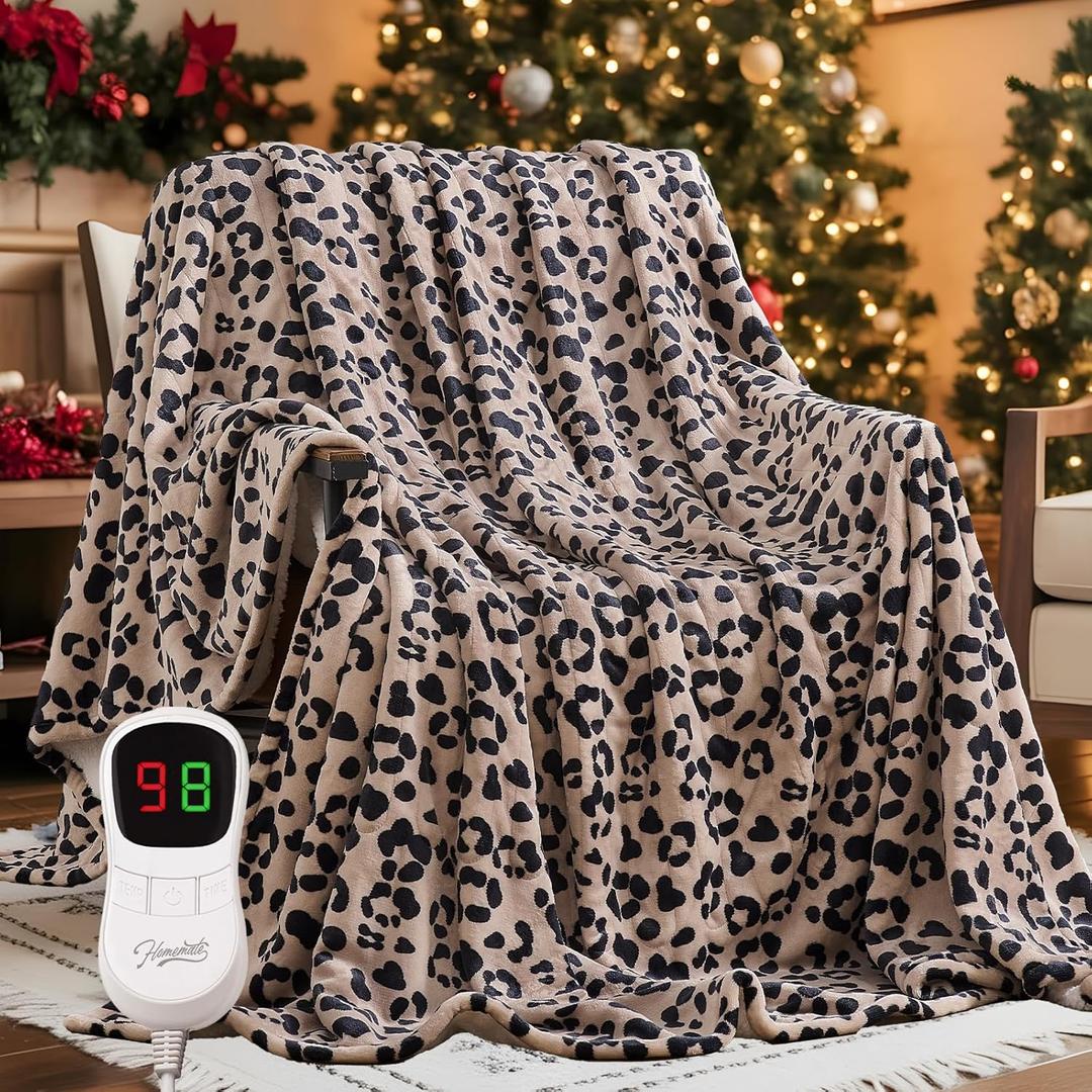 Homemate Heated Blanket Electric Throw - 50x60 Heating Blanket with 10 Fast Heat Levels 8 Hours Auto Off Soft Cozy Flannel Over-Heated Protection ETL Certification Keep Warming in Home (Leopard)