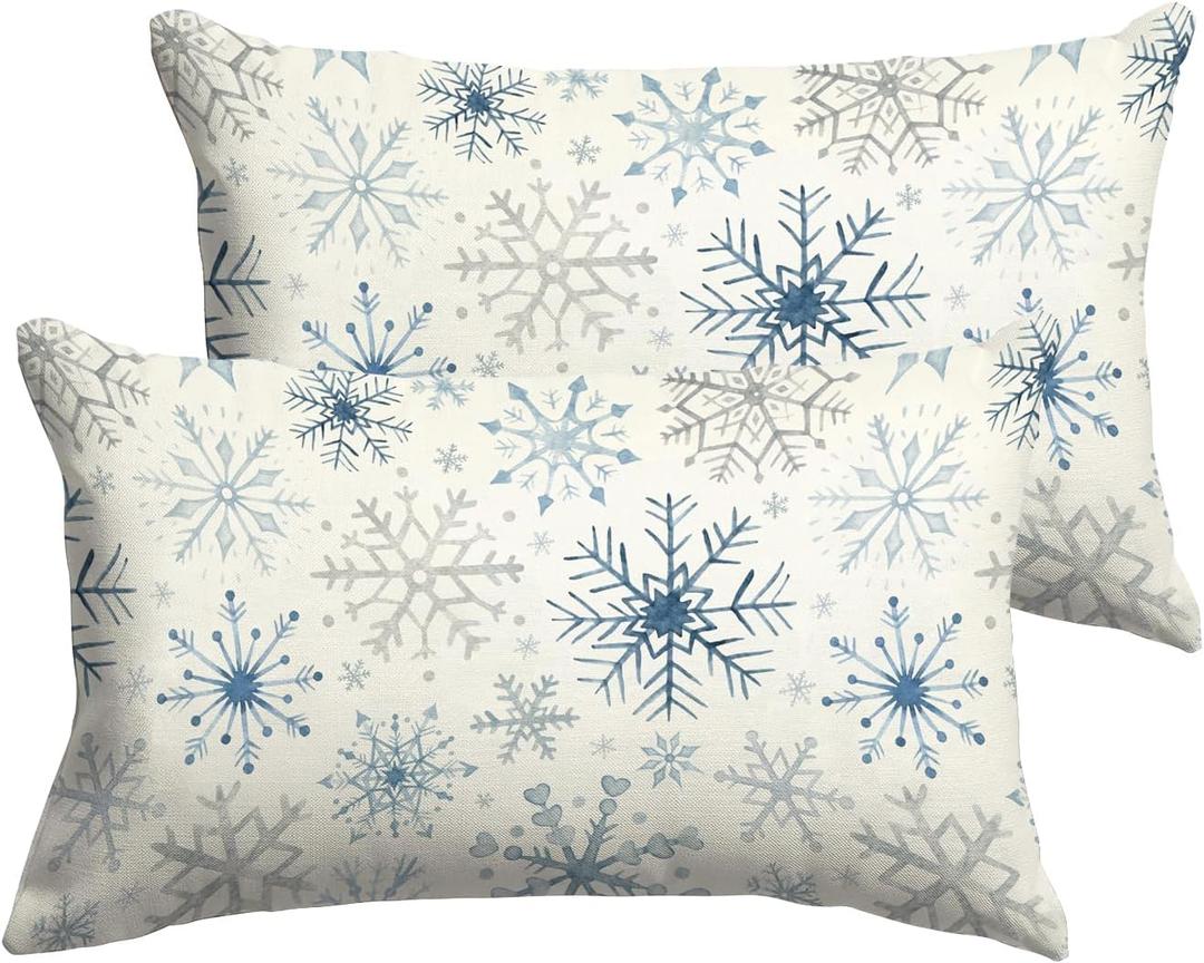 Snowflakes Pillow Covers 12x20 Inch Set of 2, Winter Blue Snowflakes Lumbar Cover,Seasonal Christmas Xmas Decoration for Home Dcor Throw Cushion Case for Sofa Couch