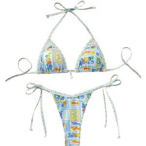 WDIRARA Women's 2 Piece Boho Triangle Bikini Set Halter String Swimsuits Beach Bathing Suit Set, Medium