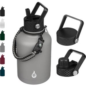 BJPKPK 50oz Stainless Steel Insulated Water Bottle, Vacuum Water Bottle with Straw, Leak Proof, Hot & Cold Insulation, 3 Lids & Paracord Handle, Gray