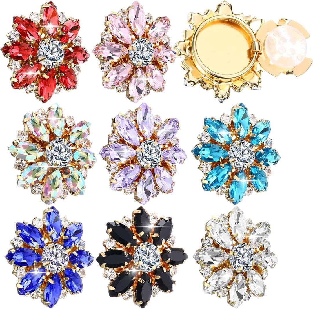 8 Pcs Rhinestone Flower Button Covers for Women 30mm Clips Buttons Jewelry Clip Crystal Button for Crafting DIY Clothing(Multicolor,Horse Eye)