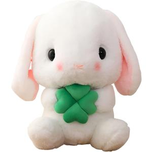 HOUPU Soft Toy - Sitting Lop Eared Rabbit, Easter White Rabbit Stuffed Bunny Animal with Carrot Soft Lovely Realistic Long-Eared Standing Pink Plush Toys (White-Four Leaf,8.6in/22cm)