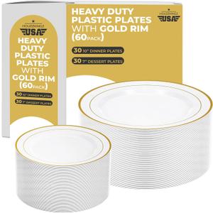 60 White and Gold Plastic Plates for Party - Fancy Disposable Heavy Duty 30 Dinner 10" & 30 Salad Dessert 7" Hard Elegant Plates Set with Gold Trim - Nice Premium Sturdy Rim Plate for Wedding Holiday
