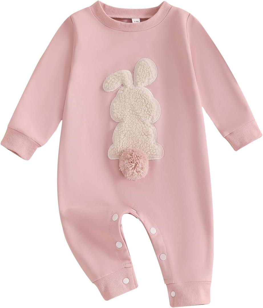 Easter Baby Boy Girl Outfit Embroidery Bunny Rompers Bunny Tail Jumpsuit Unisex Newborn Infant Easter Clothes (Pink)