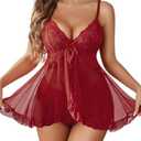 Avidlove Sexy Lingerie for Women Lace Babydoll Lingerie Dress Boudoir Lingerie V-Neck Front Open Ruffle Chemise L