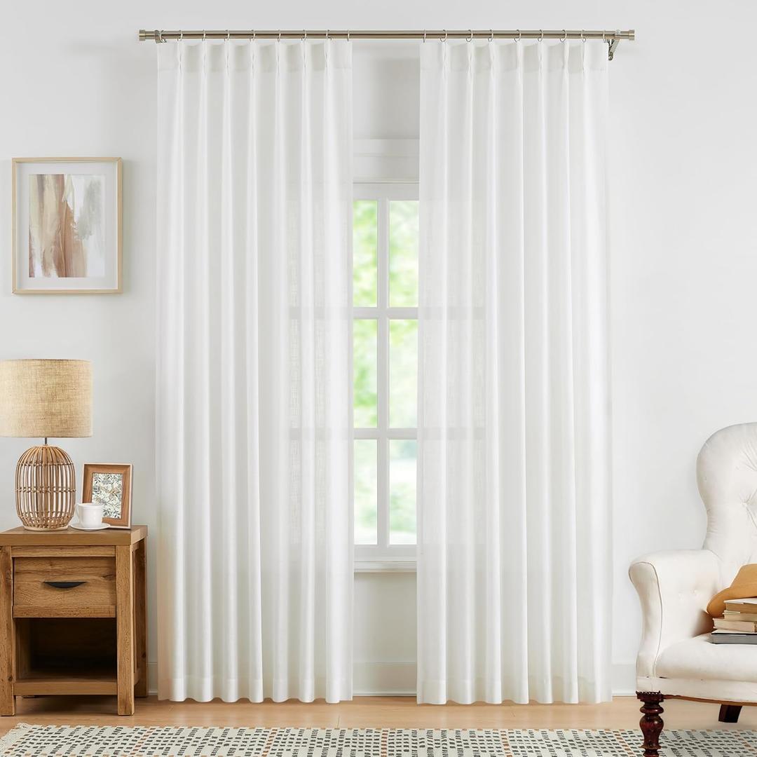 WEST LAKE 102 Inches Long White Semi Sheer Curtains for Living Room,Back Tab Bailey Pinch Pleated Drapes Privacy with Light Filtering,Farmhouse Linen Look Window Treatment for Bedroom,40" Wx102 Lx2