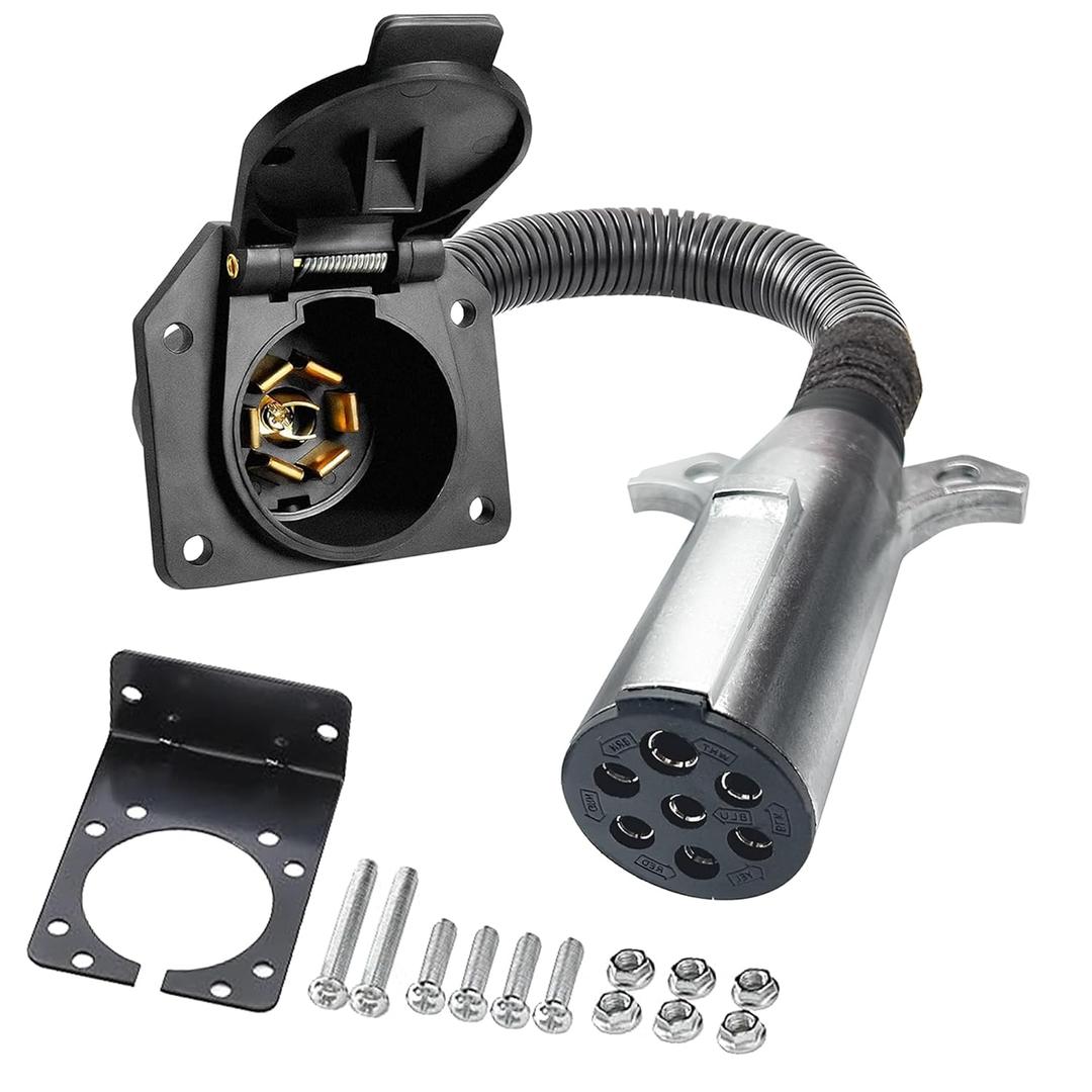 7 Pin Circular to 7 Way RV Vehicle Trailer Adapter Converter,7 Core Electrical Connector,Vehicle Adapter,Quick Converter,with Mounting Bracket,Suitable for Semi Trailers,Commercial Trucks(1ft)