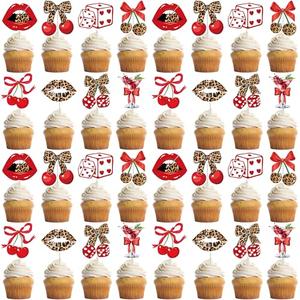 FodeMoraka Cheetah Print Birthday Decorations - 32 Pcs Red Leopard Cherries Cupcake Toppers Set With Lips Cake Cupcakes Dessert Decor Sweet Vintage Party Supplies for Women Girls Night Bachelorette