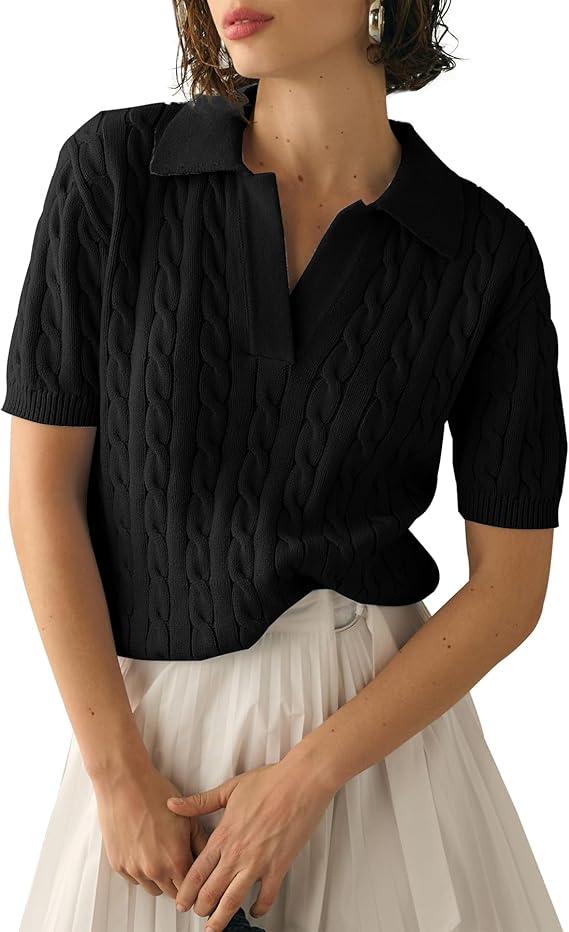 Imily Bela Women's Cable Short Sleeve Sweaters Tops Solid Lapel V Neck Knit Casual Soft Pullover Shirt M