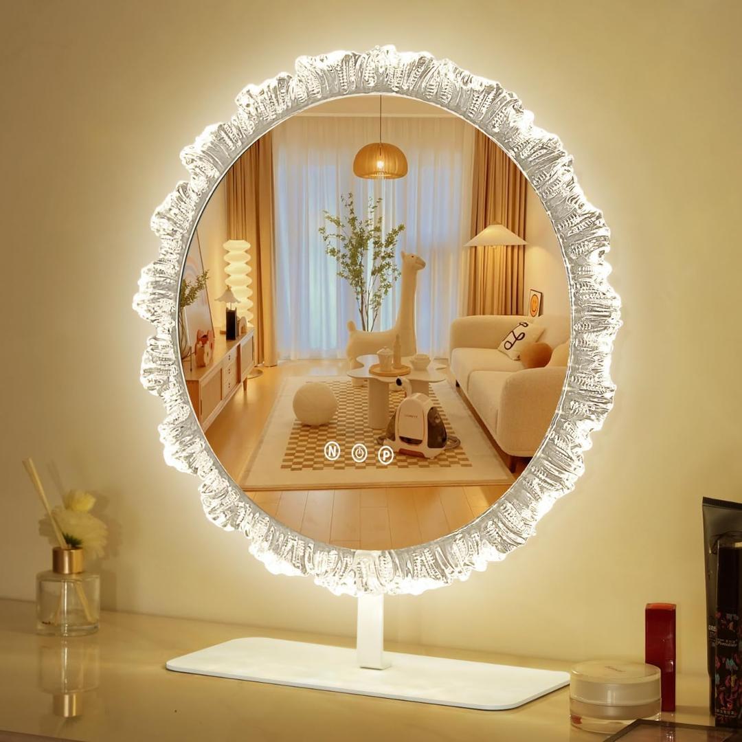 LED Lighted Makeup Mirror with Crystal Design Frame, Tabletop Vanity Mirror with Touch Control, White (18in) (18.1"L x 15.7"W)