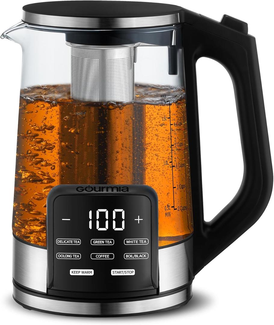 Gourmia Electric Glass Kettle 1.7L Programmable Tea & Coffee Brewer with Digital Touch Display, 6 Presets, Removable Stainless Steel Infuser, Cordless with 360 Swivel Base, Black