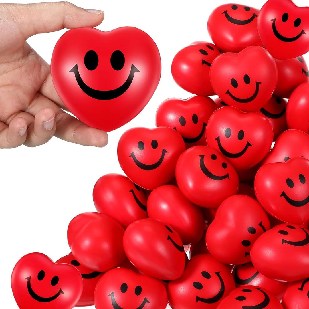 Sumind 24 Pcs 2.75'' Heart Stress Balls Valentine's Day Relief Ball Smile Face Foam Squeeze Stress Ball Toy for Kids Gift, School Carnival Reward, Classroom, Valentine Party Favor(Red)