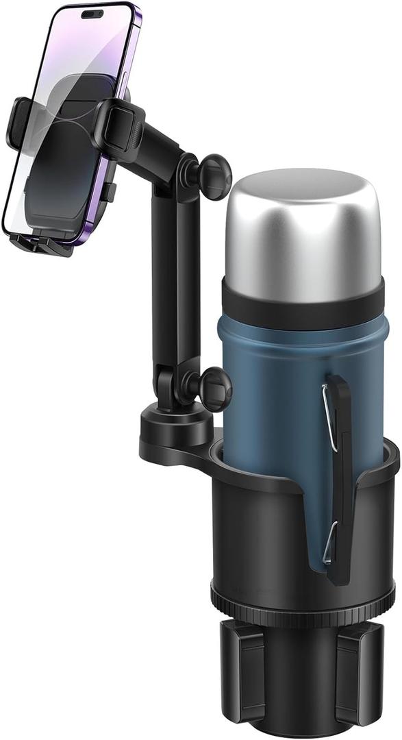 Car Cup Holder Expander Phone Holder with Adjustable Arm and Base, 2 in 1 Phone Mount and CupHolder Adapter with Expandable Base for Most Large Drink Bottle and Fit All 4-7'' Smartphones