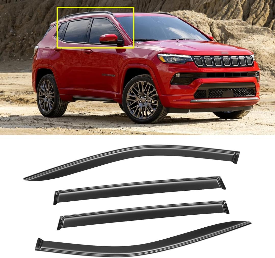Window Visor for 2017-2025 Jeep Compass, Out-Channel Rain Guards Shields Vent Deflector Shade Wind Dark Smoke Ventshade Ventvisor for Compass 2018 2019 2020 2021 2022, Tape-On Outside-Mount, 4PCS