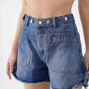 EZAPINE Women Mid Waist Jean Shorts Raw Hem Trendy Folded Hem Denim Short Jeans (Blue)
