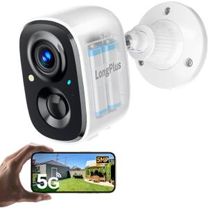 LongPlus 5MP 3K Security Cameras Wireless Outdoor, Battery Smart Camera for Home Security, Support 2.4G/5GHz, 24/7 Recording, Color Night Vision, AI Motion Detection, SD Card/Cloud, Two-Way (White)