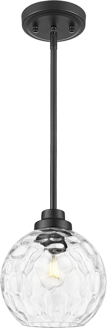 8 Inch Modern Farmhouse Pendant for Kitchen Island, Adjustable Height Hanging Fixture with Hammered Glass, Matte Black, Dining Room Entryway - PL101HBK-L