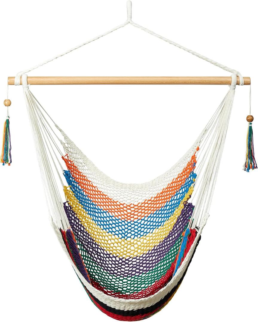 JoyView Hammock Chair with Spreader Bar Caribbean Hammock Swing Chair 300 LBS Weight Capacity XL Rope Hanging Chair for Outdoor Indoor Garden Yard - Multi Color