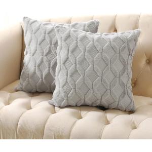 Volcanics Pack of 2 Faux Wool Throw Pillow Covers 20x20 Inches Decorative Farmhouse Velvet Couch Pillow Case Soft Plush Square Boho Cushion Pillowcase, Light Grey