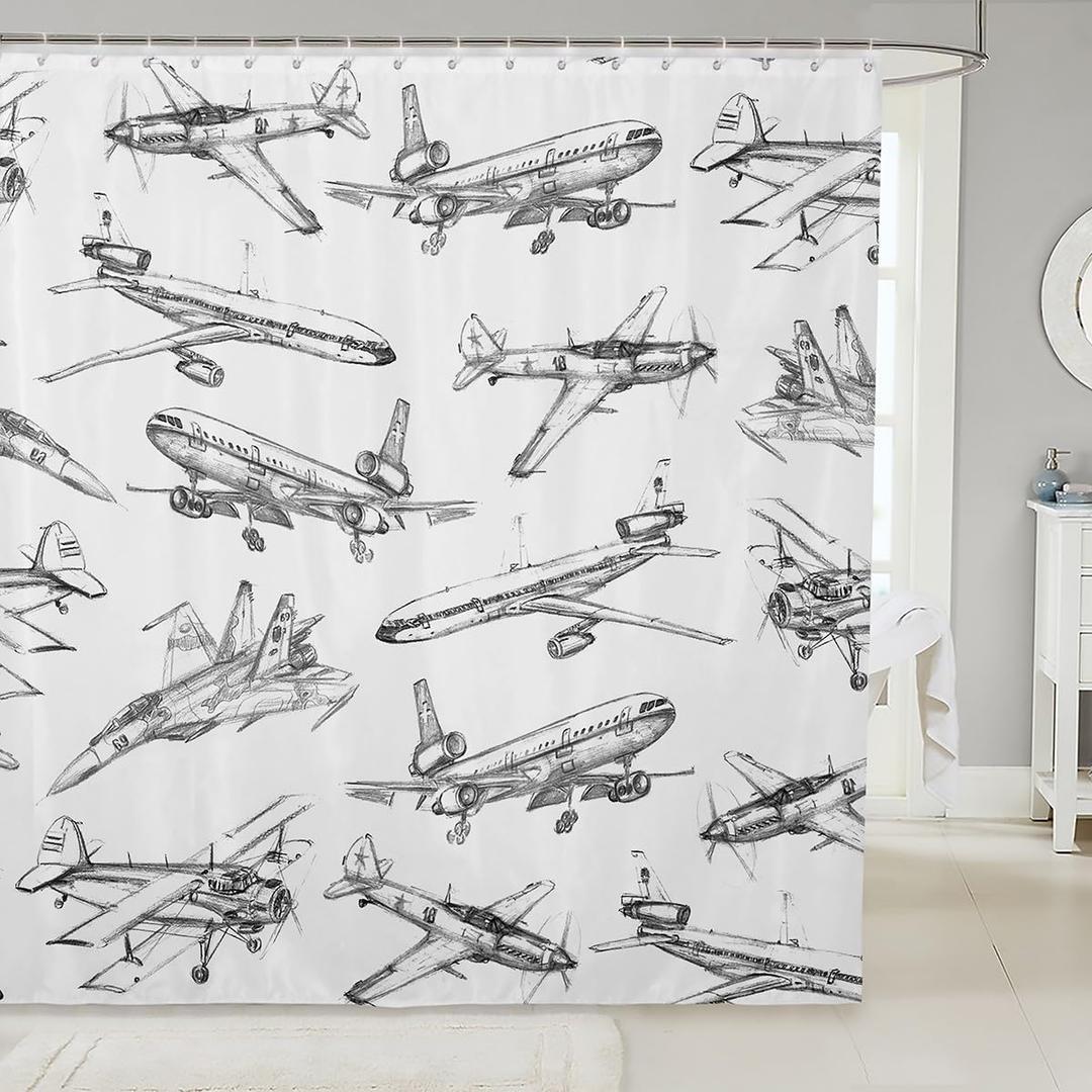 Airplane Shower Curtain Aircraft Bathroom Curtain for Kids Girls Boys Teens Bathtub Decor Black White Sketch Print Waterproof Curtain Flying Theme Bath Curtain,12 Hooks Sets,72" Wx72 L