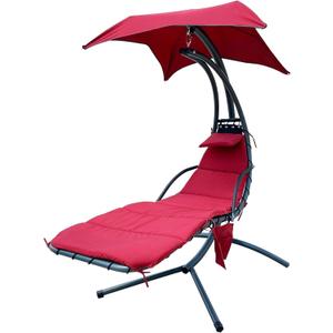 Hanging Curved Chaise Lounge Chair Swing w/Built-in Cushion, Pillow, Canopy, Stand and Storage Pouch, Removable Patio Swing Lounge Chair Canopy Hammock for Outdoor Indoor, Burgundy 