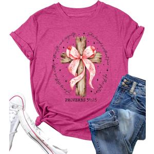 2 x Christian Shirts for Women: Cross T-Shirt Pink Bow Graphic Tee Fall Bible Verse Shirt Religious Faith Tops (Pink, S)