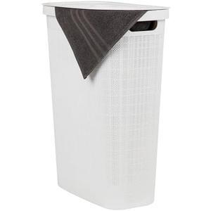 Mind Reader 40L Slim Laundry Hamper, Clothes Basket, Lid, Linen Design, Plastic, 18.5”L x 10.75”W x 23.5”H, White